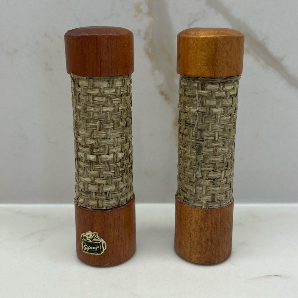 MCM Wood and Rattan Cylindrical Salt and Pepper Shaker Set Giftcraft